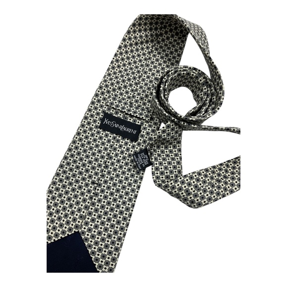 🆕YVES SAINT LAURENT Gray/Ivory Floral Polka Dot Silk LUXURY Tie ITALY - Picture 3 of 4